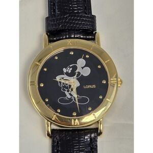 LORUS DISNEY MICKEY MOUSE BLACK DIAL GOLD TONE QUARTZ WATCH LEATHER STRAP NWT
